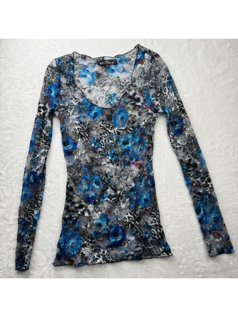 Almost Famous Size S Womens Sheer Lace Top Long Sleeve Blue Print Scoop Neck